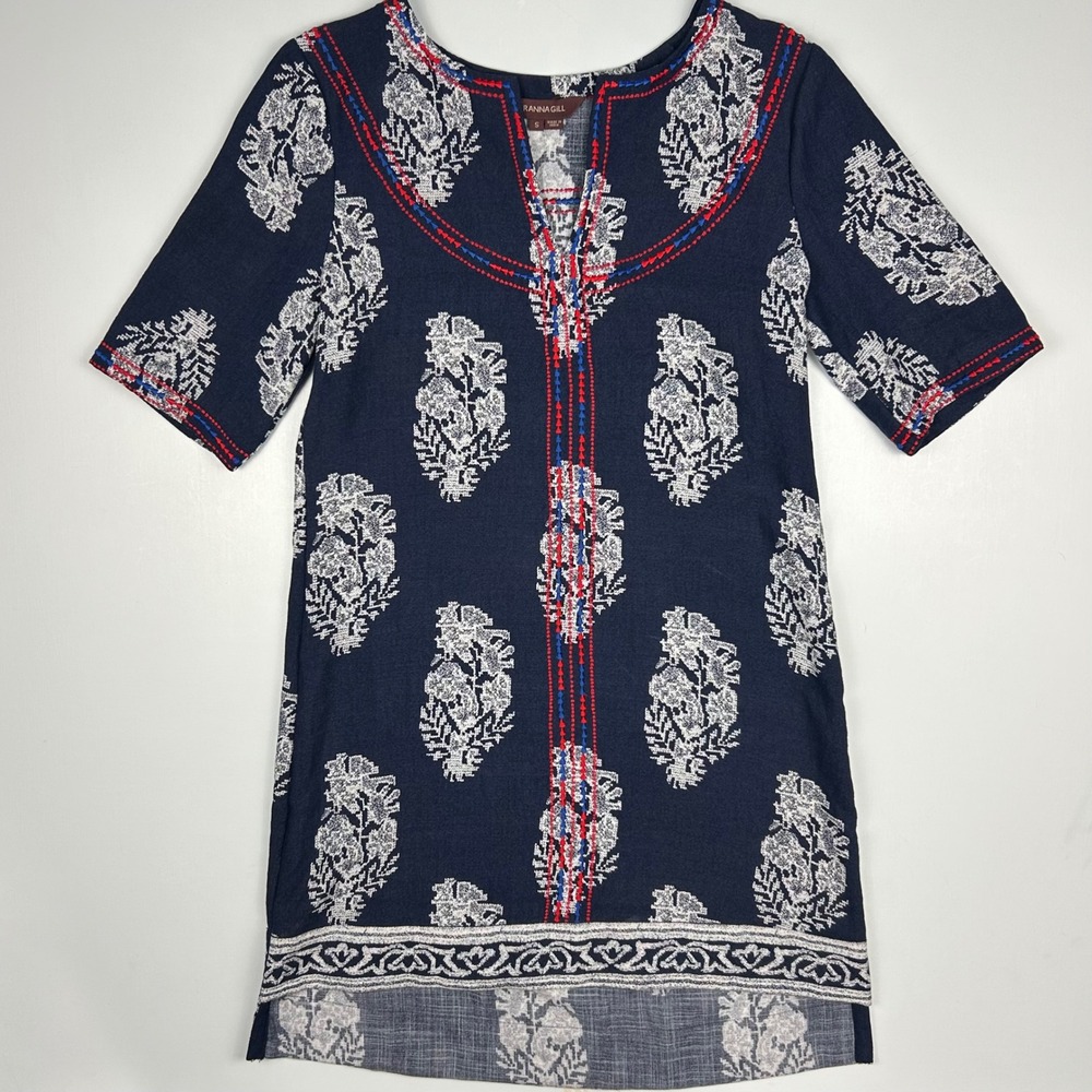 Ranna Gill Navy Blue Floral Block‎ Print Embroidered Shift Dress Womens Small